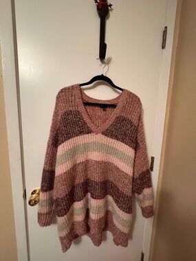 Dusty Pink & Cream Striped V-Neck Women’s Sweater